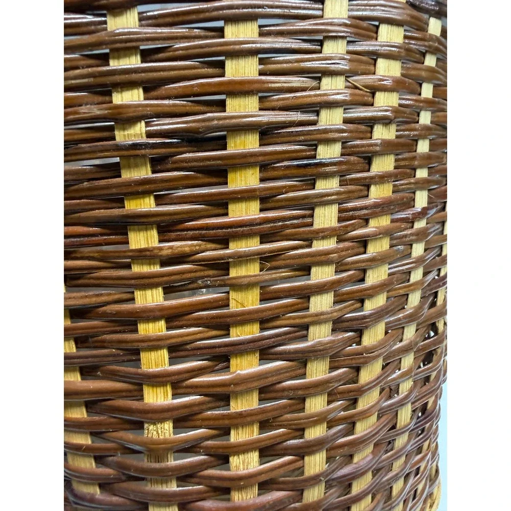Woven Wicker Wastebasket Planter Two Tone Brown Tan Round Basket with Liner 10in